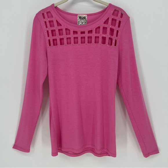 Vocal Top Womens Pink Long Sleeve Cut Out Neckline with Rhinestones Soft Stretch - Picture 4 of 10